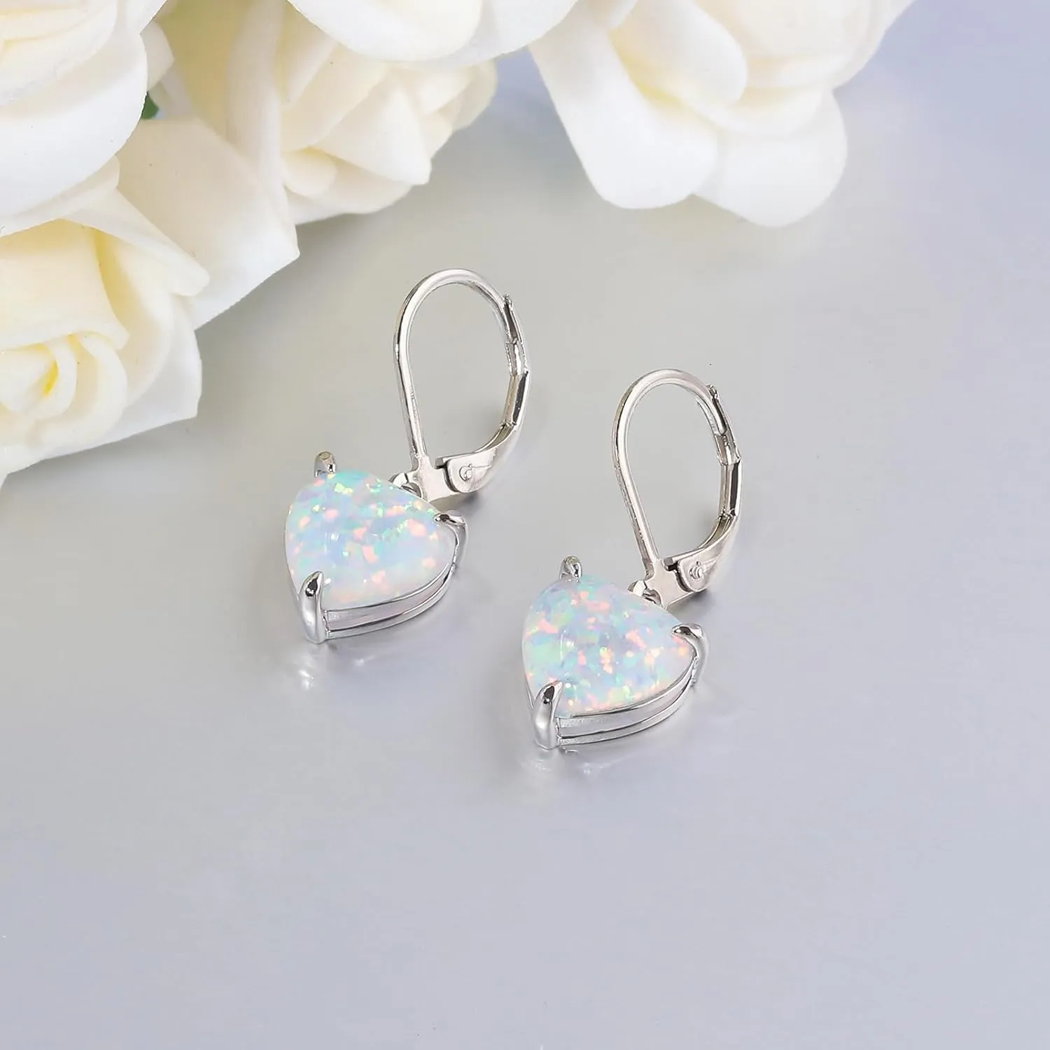 CiNily Heart Opal Earrings Leverback Drop Earrings for Women Hypoallergenic, Pendant Earrings 14K White Gold/Rose Gold Dangle Earrings Opal Hoops Birthday Wedding Mothers Day Jewelry Gifts