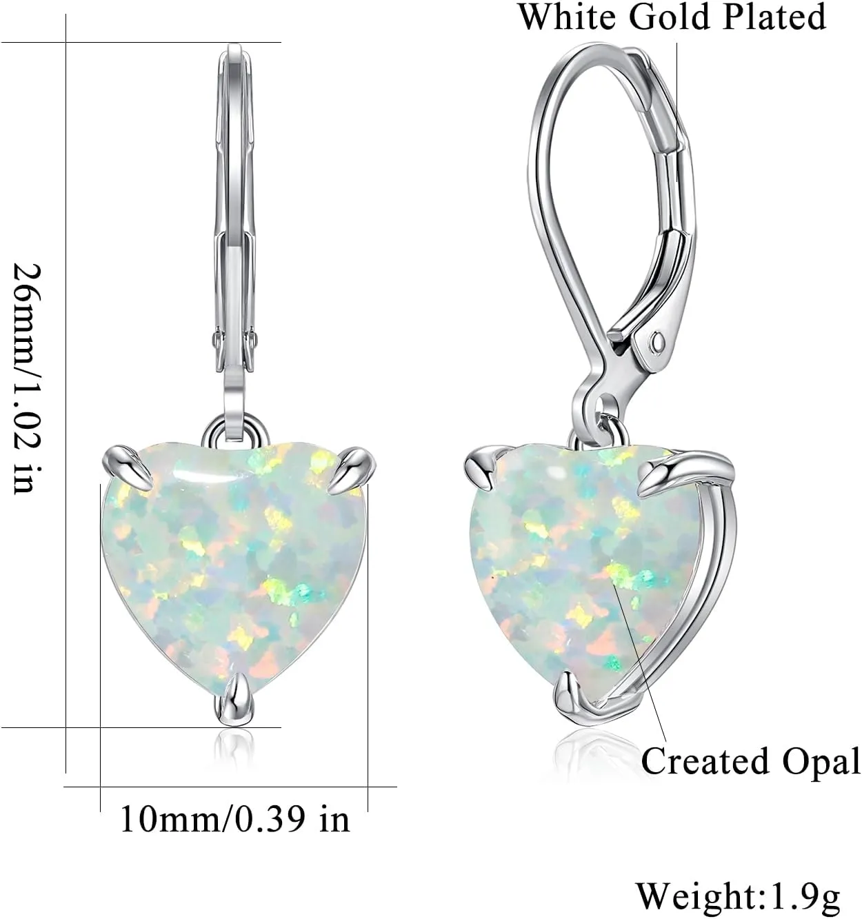 CiNily Heart Opal Earrings Leverback Drop Earrings for Women Hypoallergenic, Pendant Earrings 14K White Gold/Rose Gold Dangle Earrings Opal Hoops Birthday Wedding Mothers Day Jewelry Gifts