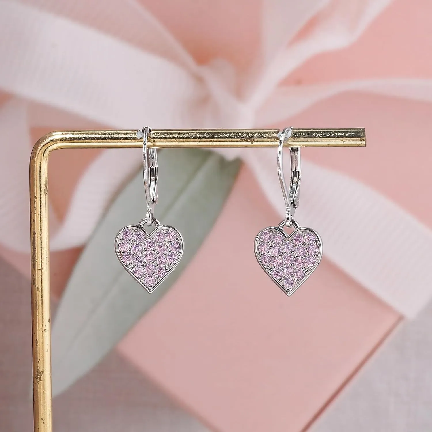 CiNily Multi-Color Cubic Zircon Heart Dangle Drop Earrings for Women - Hypoallergenic Leverback Hoop Earrings - Valentine Gifts - 14K White Gold | Yellow Gold