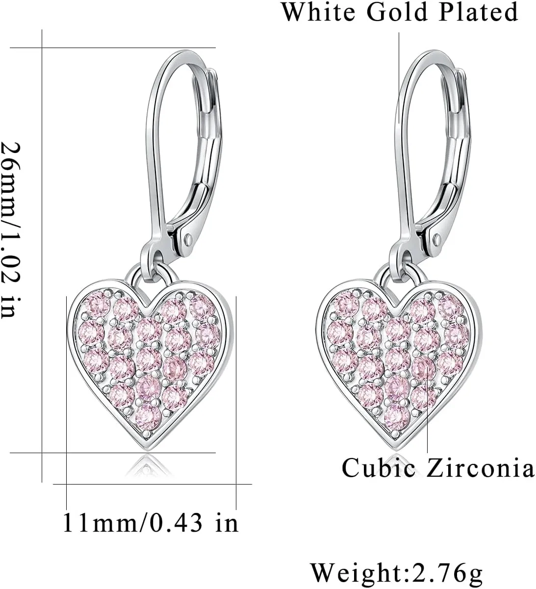 CiNily Multi-Color Cubic Zircon Heart Dangle Drop Earrings for Women - Hypoallergenic Leverback Hoop Earrings - Valentine Gifts - 14K White Gold | Yellow Gold