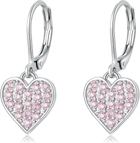 CiNily Multi-Color Cubic Zircon Heart Dangle Drop Earrings for Women - Hypoallergenic Leverback Hoop Earrings - Valentine Gifts - 14K White Gold | Yellow Gold