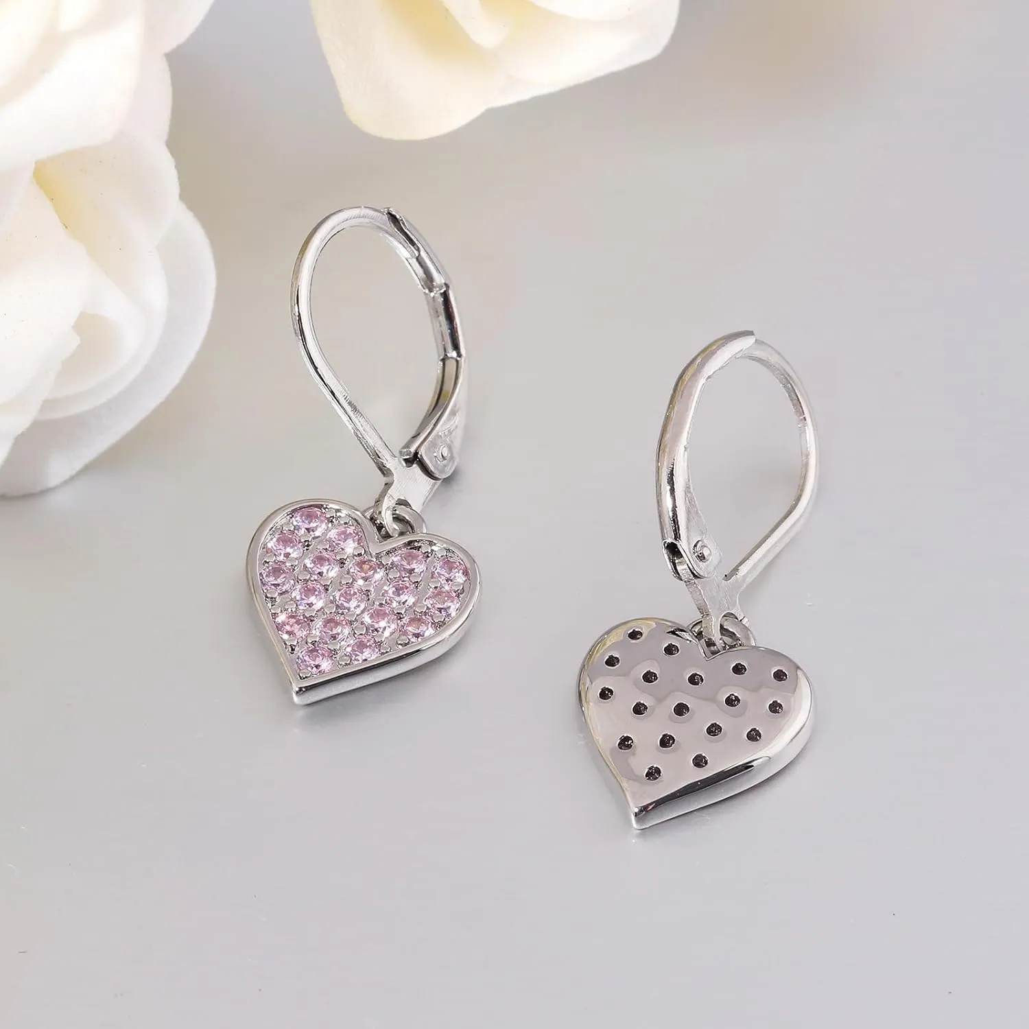 CiNily Multi-Color Cubic Zircon Heart Dangle Drop Earrings for Women - Hypoallergenic Leverback Hoop Earrings - Valentine Gifts - 14K White Gold | Yellow Gold