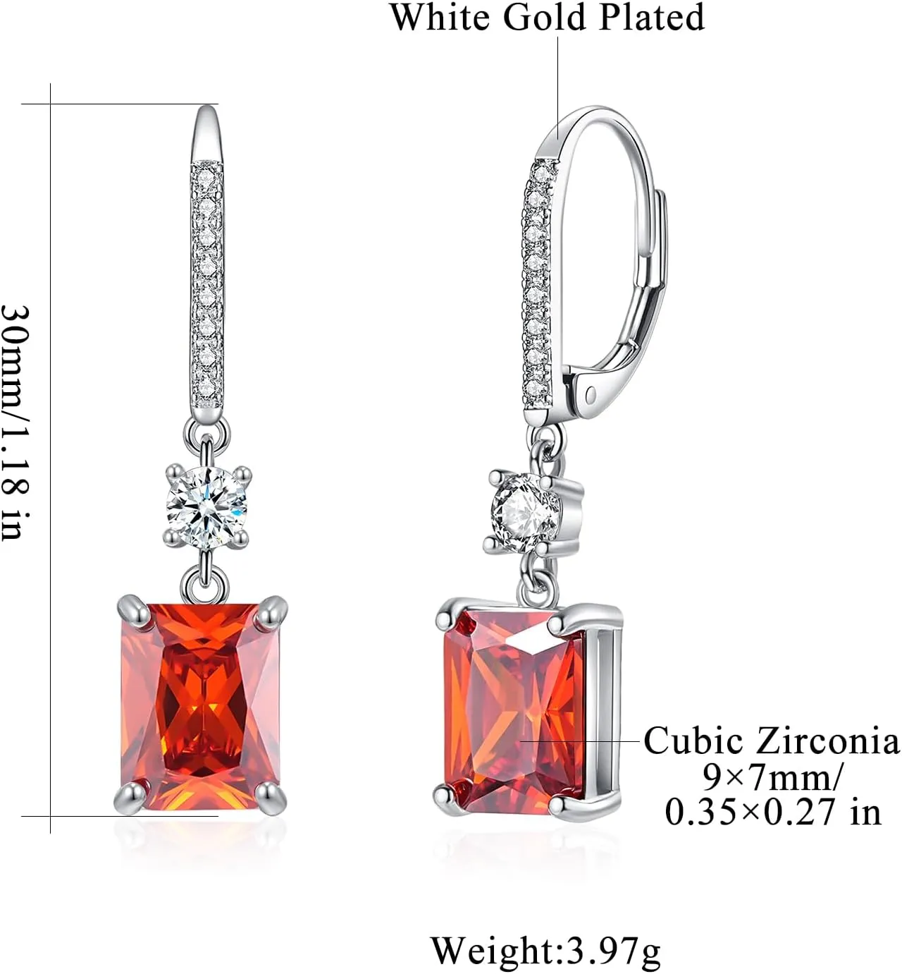CiNily Rectangular-cut Drop Dangle Earrings for Women Hypoallergenic, Multi-color Cubic Zirconia Earrings Diamond Dangle Earrings Jewelry Gifts for Mothers Day 14K White Gold