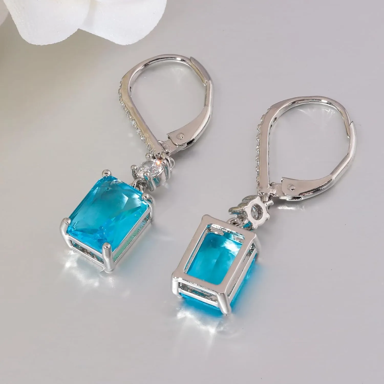 CiNily Rectangular-cut Drop Dangle Earrings for Women Hypoallergenic, Multi-color Cubic Zirconia Earrings Diamond Dangle Earrings Jewelry Gifts for Mothers Day 14K White Gold