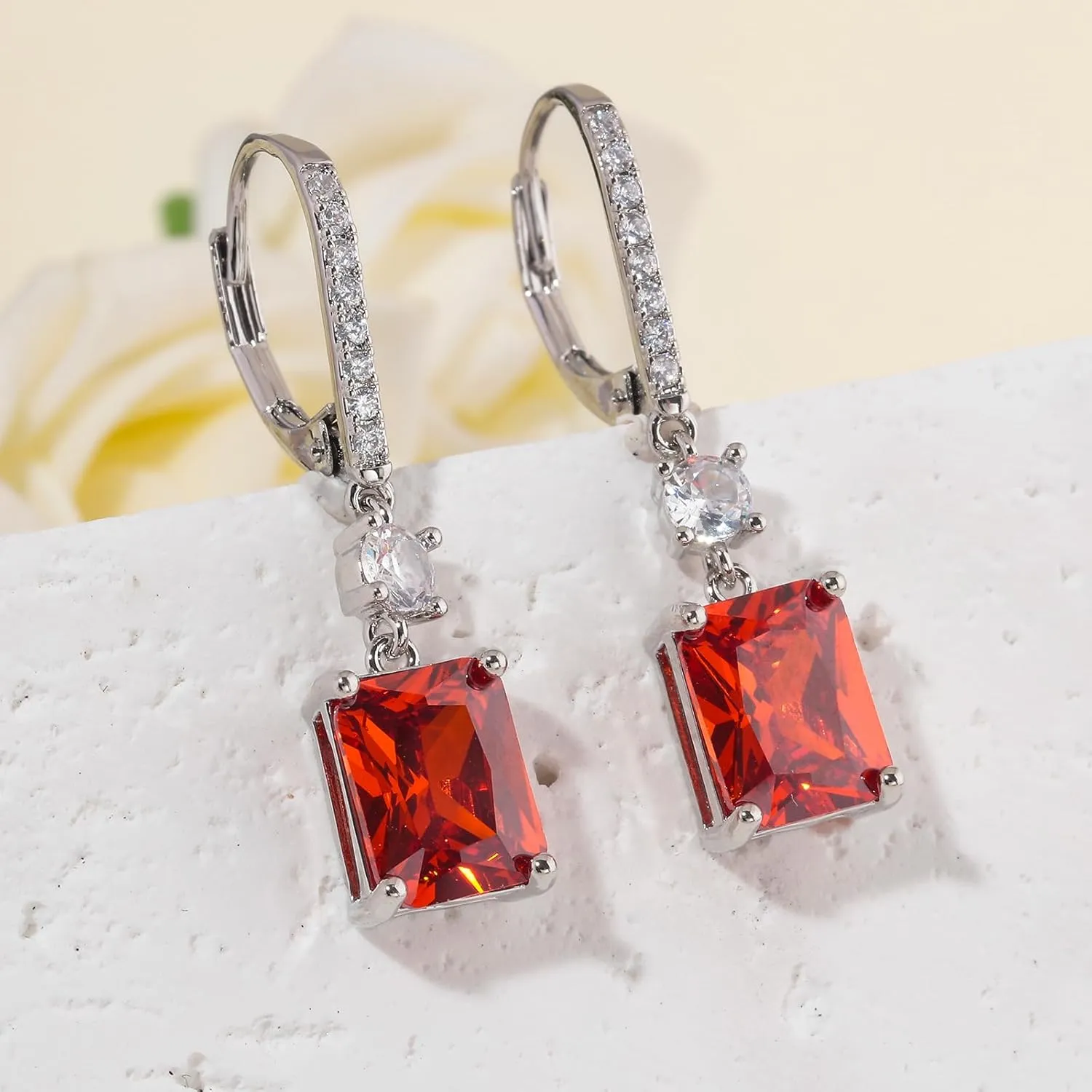 CiNily Rectangular-cut Drop Dangle Earrings for Women Hypoallergenic, Multi-color Cubic Zirconia Earrings Diamond Dangle Earrings Jewelry Gifts for Mothers Day 14K White Gold