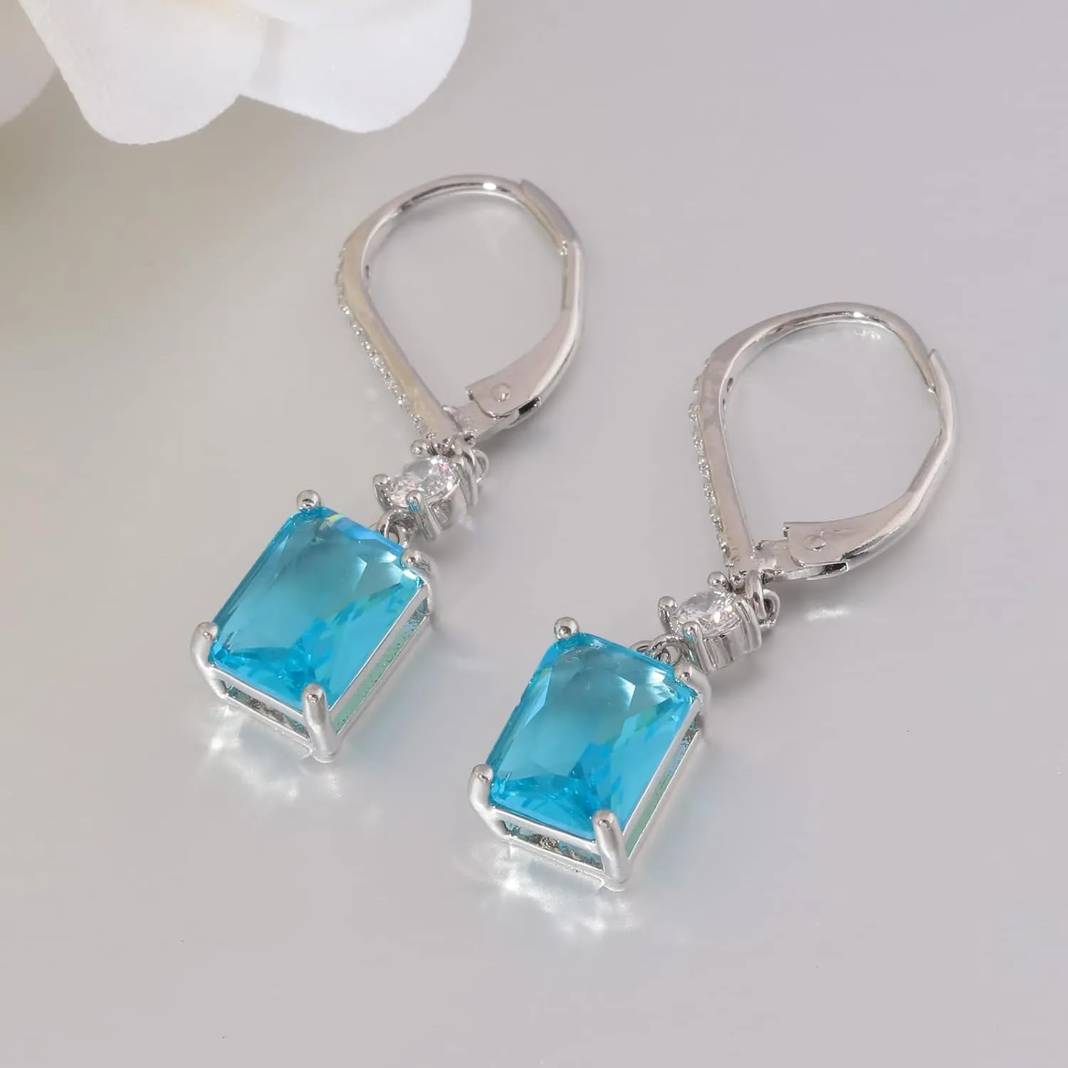 CiNily Rectangular-cut Drop Dangle Earrings for Women Hypoallergenic, Multi-color Cubic Zirconia Earrings Diamond Dangle Earrings Jewelry Gifts for Mothers Day 14K White Gold