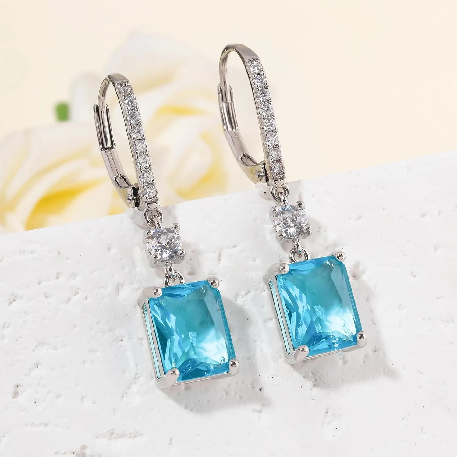 CiNily Rectangular-cut Drop Dangle Earrings for Women Hypoallergenic, Multi-color Cubic Zirconia Earrings Diamond Dangle Earrings Jewelry Gifts for Mothers Day 14K White Gold