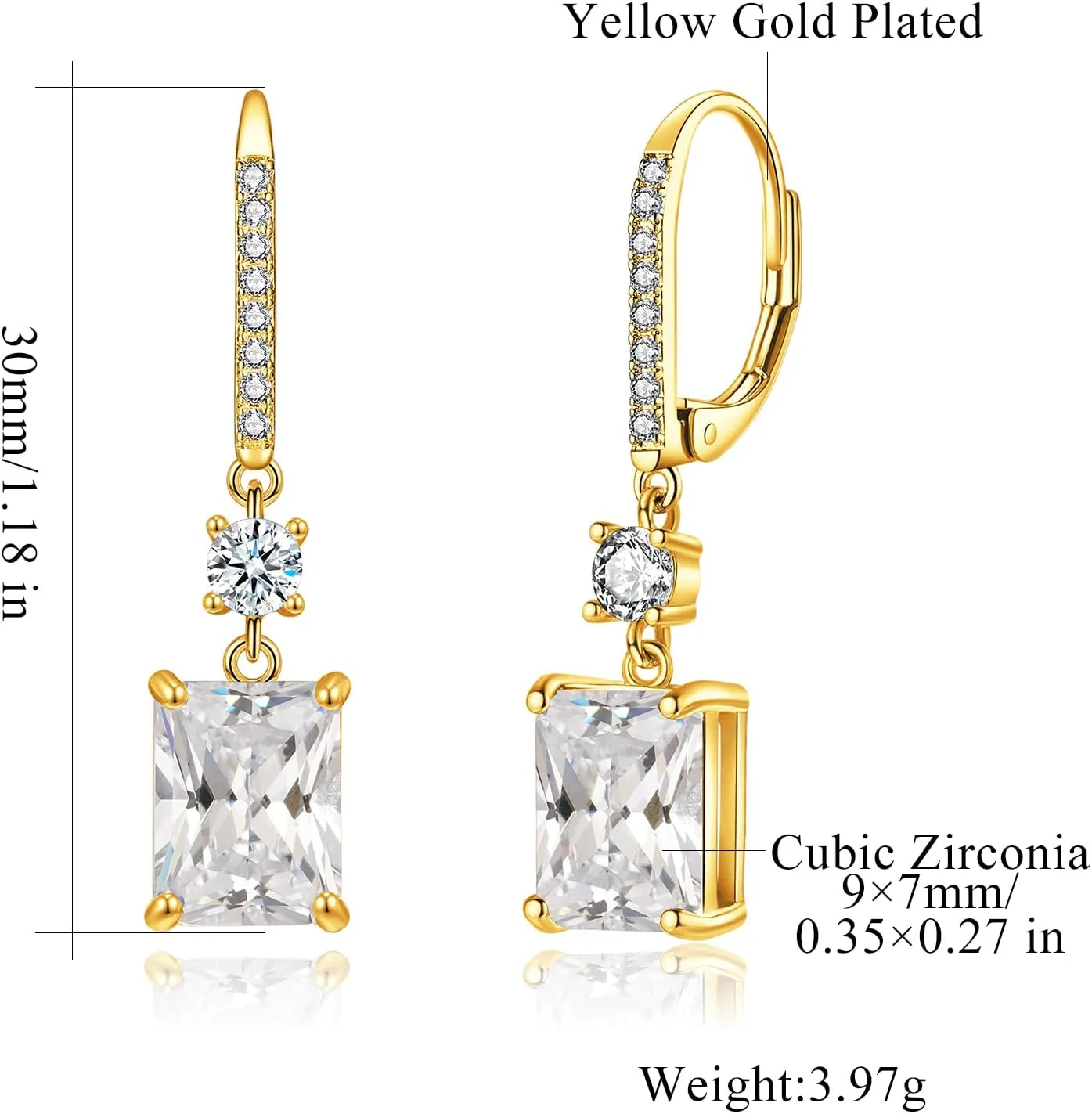 CiNily Rectangular-cut Drop Dangle Earrings for Women Hypoallergenic, Multi-color Cubic Zirconia Earrings Diamond Dangle Earrings Jewelry Gifts for Mothers Day 14K White Gold