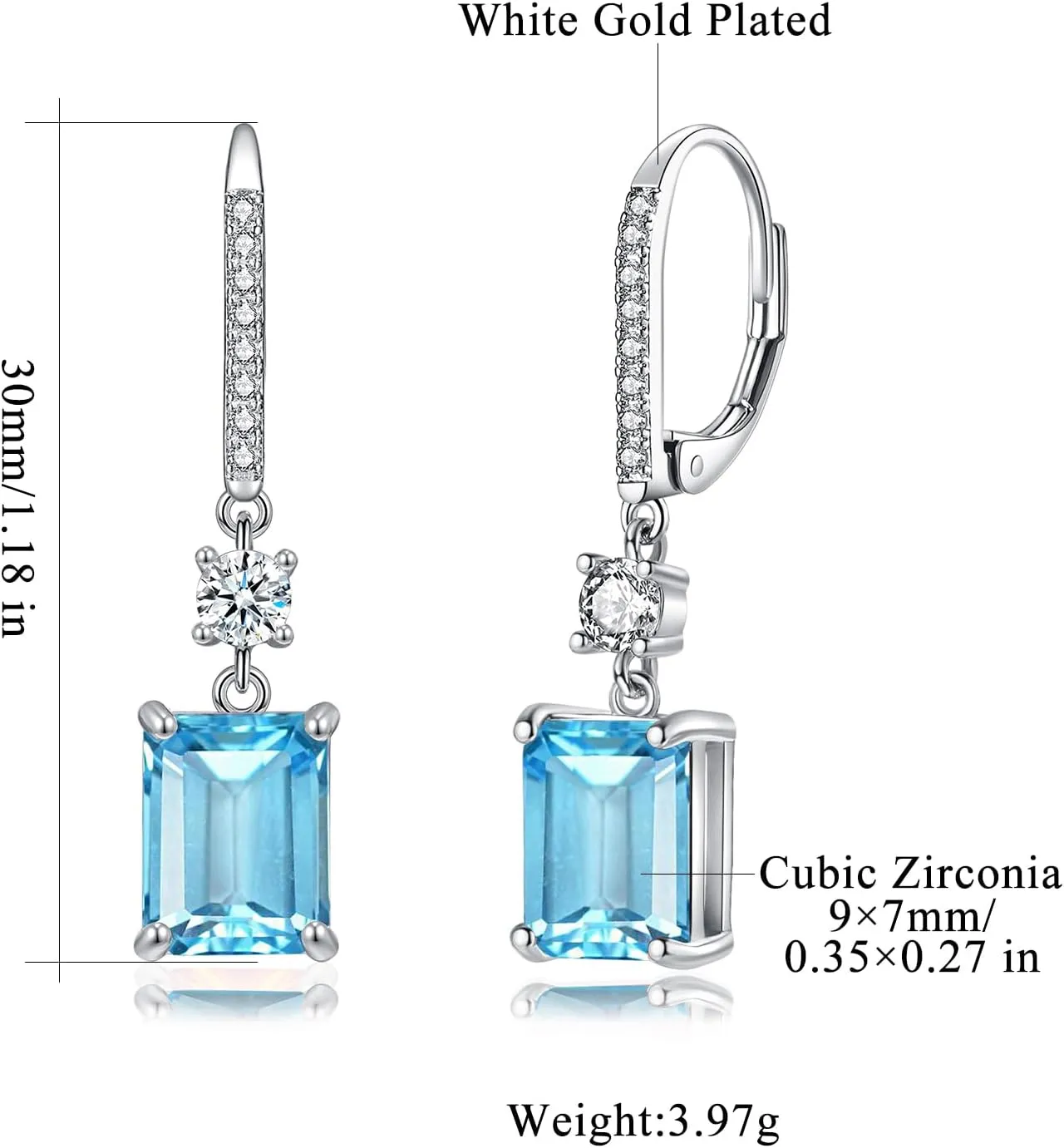 CiNily Rectangular-cut Drop Dangle Earrings for Women Hypoallergenic, Multi-color Cubic Zirconia Earrings Diamond Dangle Earrings Jewelry Gifts for Mothers Day 14K White Gold