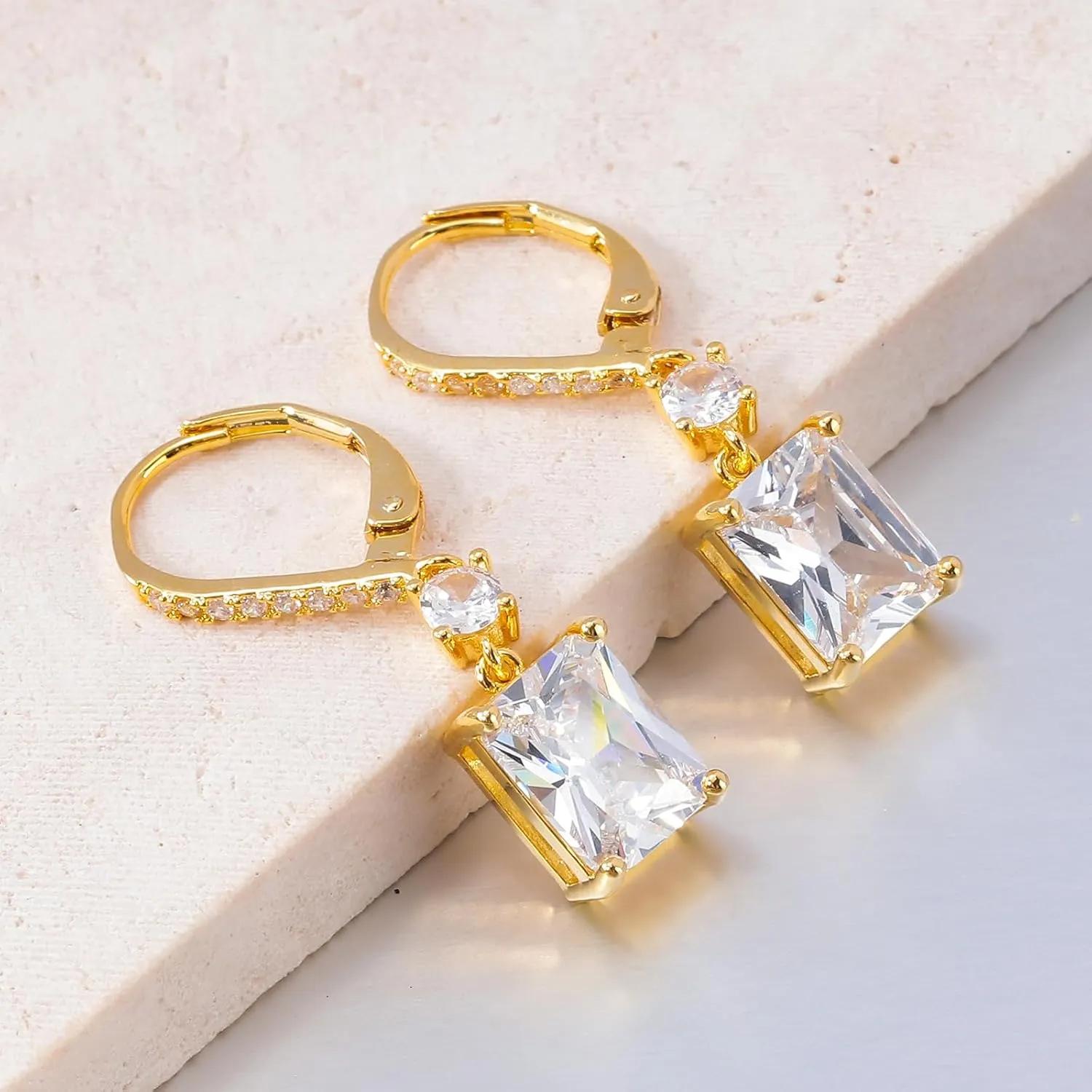 CiNily Rectangular-cut Drop Dangle Earrings for Women Hypoallergenic, Multi-color Cubic Zirconia Earrings Diamond Dangle Earrings Jewelry Gifts for Mothers Day 14K White Gold