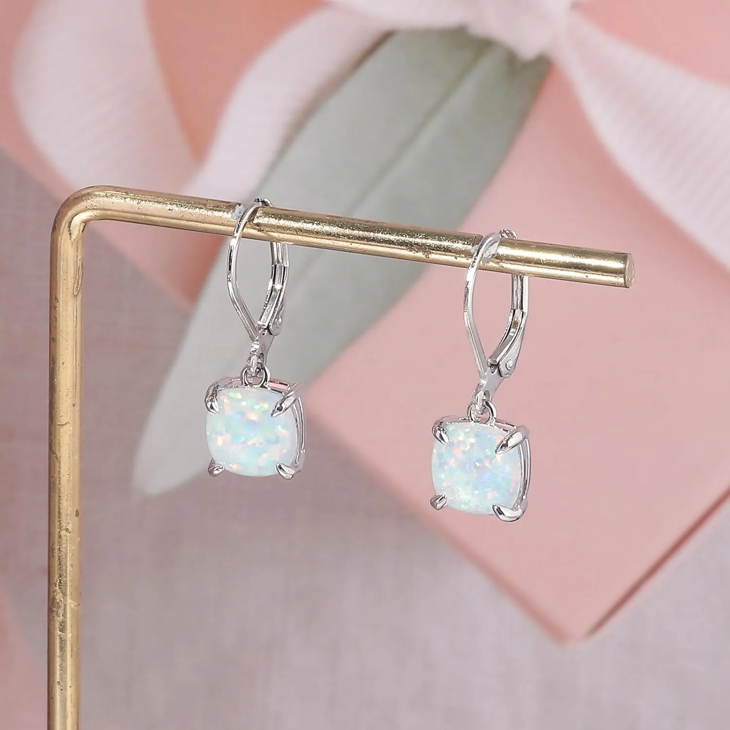 CiNily Square-Cut Opal Earrings Leverback Drop Earrings for Women Hypoallergenic, Pendant Earrings 14K White Gold/Gold Dangle Earrings Opal Hoops Birthday Wedding Mothers Day Jewelry Gifts