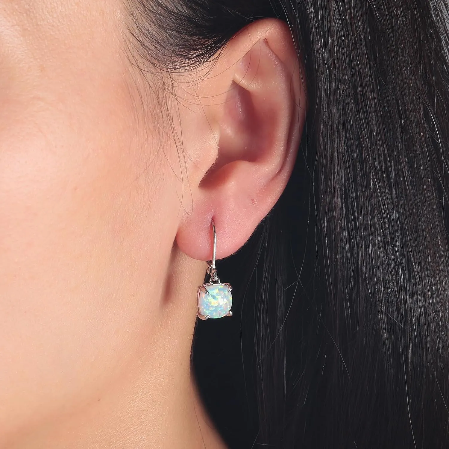 CiNily Square-Cut Opal Earrings Leverback Drop Earrings for Women Hypoallergenic, Pendant Earrings 14K White Gold/Gold Dangle Earrings Opal Hoops Birthday Wedding Mothers Day Jewelry Gifts