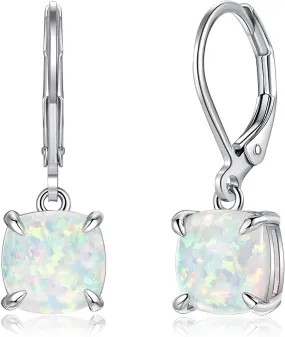 CiNily Square-Cut Opal Earrings Leverback Drop Earrings for Women Hypoallergenic, Pendant Earrings 14K White Gold/Gold Dangle Earrings Opal Hoops Birthday Wedding Mothers Day Jewelry Gifts