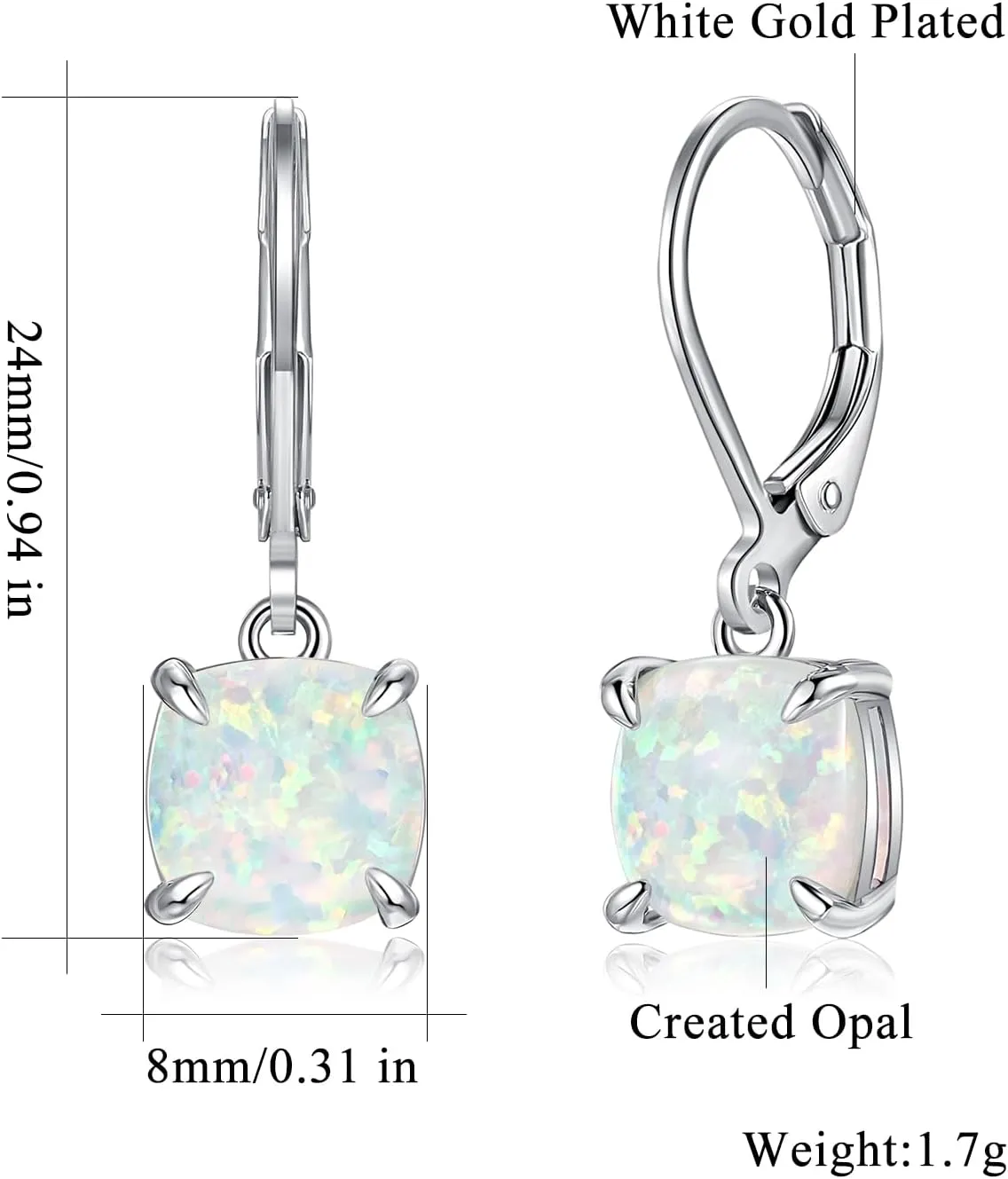 CiNily Square-Cut Opal Earrings Leverback Drop Earrings for Women Hypoallergenic, Pendant Earrings 14K White Gold/Gold Dangle Earrings Opal Hoops Birthday Wedding Mothers Day Jewelry Gifts