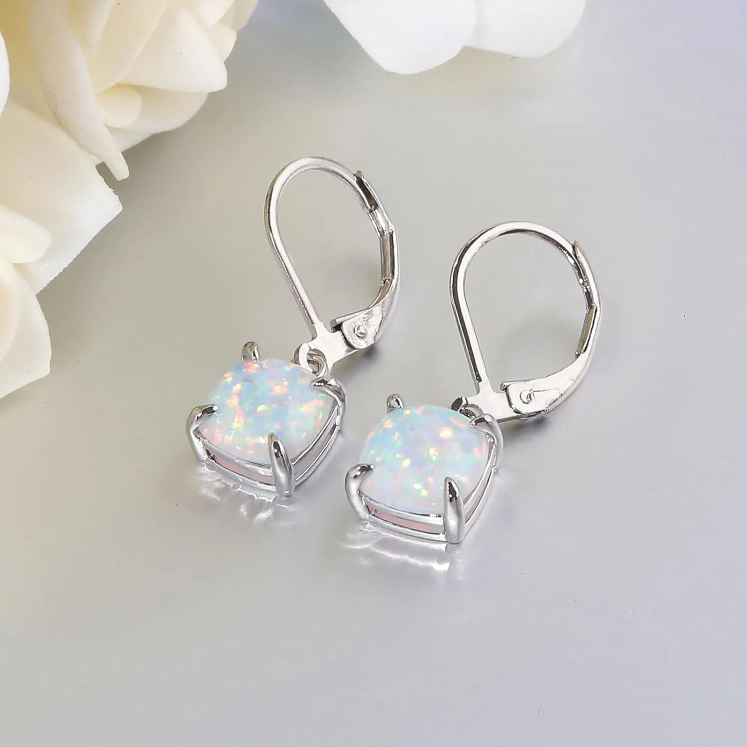 CiNily Square-Cut Opal Earrings Leverback Drop Earrings for Women Hypoallergenic, Pendant Earrings 14K White Gold/Gold Dangle Earrings Opal Hoops Birthday Wedding Mothers Day Jewelry Gifts