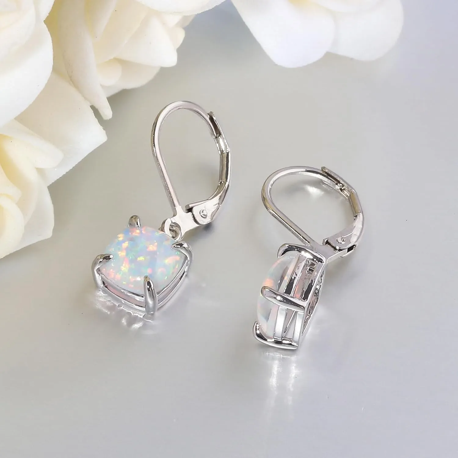 CiNily Square-Cut Opal Earrings Leverback Drop Earrings for Women Hypoallergenic, Pendant Earrings 14K White Gold/Gold Dangle Earrings Opal Hoops Birthday Wedding Mothers Day Jewelry Gifts