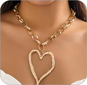 CJIAYUJEW Large Heart Necklaces Chunky Hollow Heart Pendant Necklace for Women Vintage Exaggerated Adjustable Thick Chain Large Love Choker Charm Jewelry