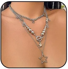 CJIAYUJEW Layered Star Necklace for Women Y2k Stacked Beaded Choker Necklaces Chunky Gold Star Pendant Necklace