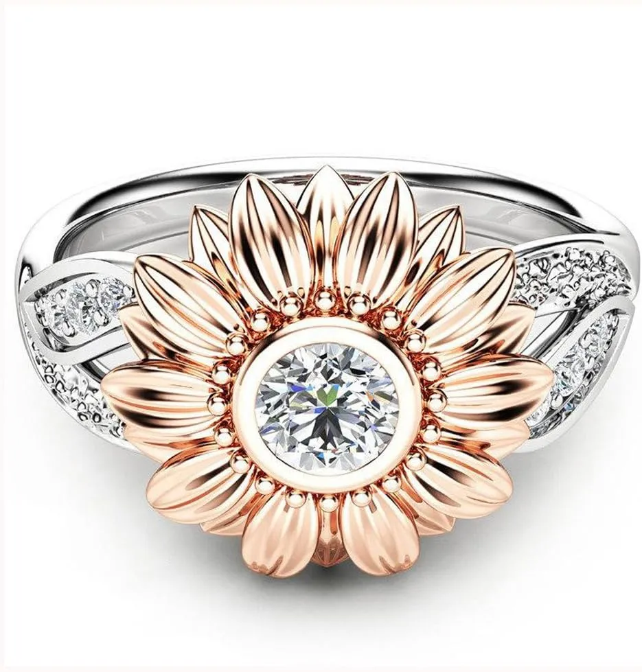 Classic Sunflower Split Shank Floral White Cubic Zirconia Engagement Wedding Rings for Women Gold Cocktail Rings