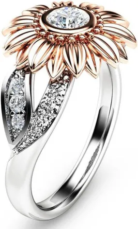 Classic Sunflower Split Shank Floral White Cubic Zirconia Engagement Wedding Rings for Women Gold Cocktail Rings