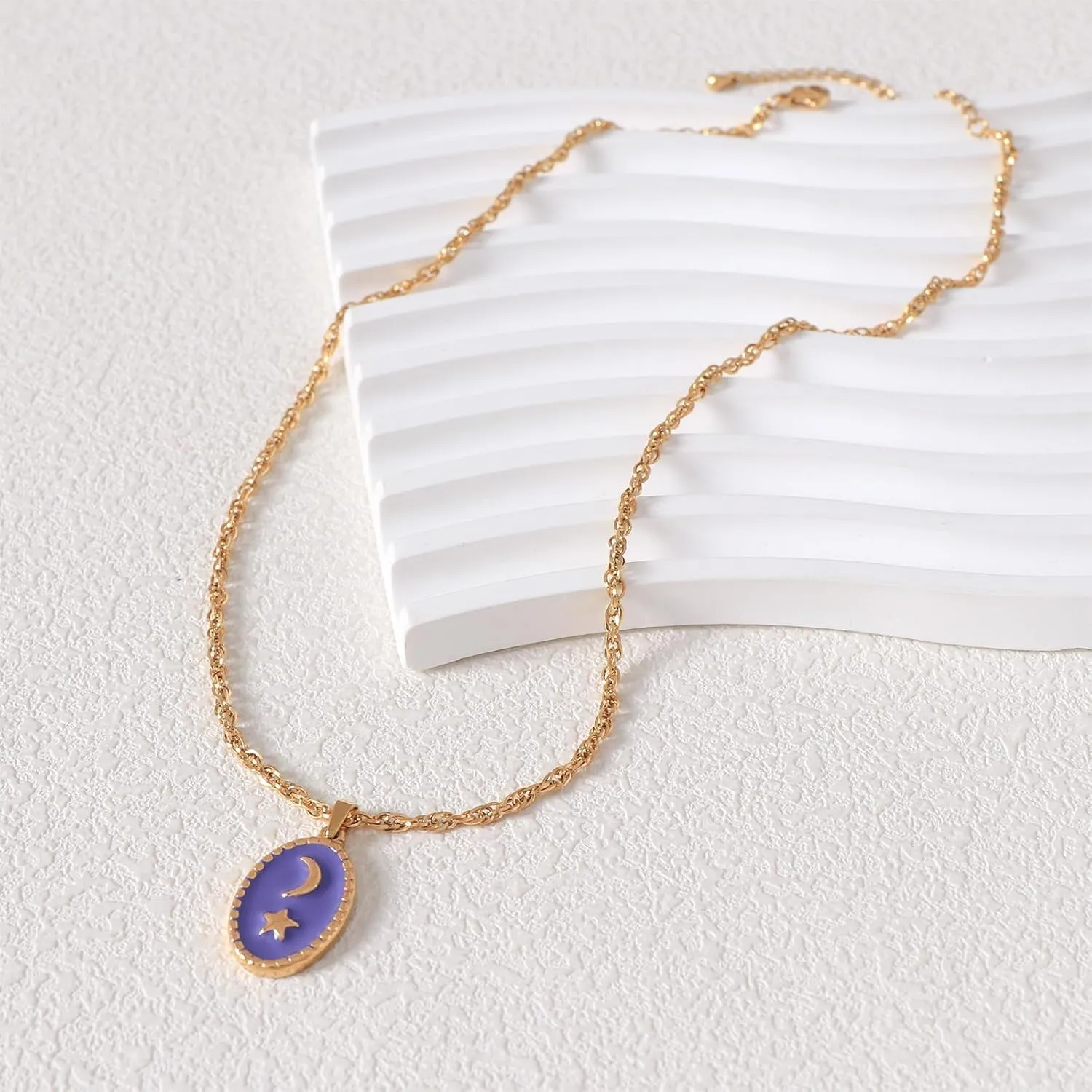 Colorful Enamel Pendant Necklace for Women 18k Real Gold Plated Twist Chain Necklace Rose Flower/Moon/Star Necklace Enamel Rope Jewelry Gift for Wife Mother Girlfriend
