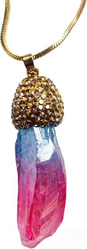 Colorful Gold Acorn Hot Pink Healing Crystal Necklace Two Tone Simple Fairy Long Crystal Pendant Charm Gemstone Necklace Gold Choker Chain Protection for Women Men Wiccan Jewelry Accessories Gift