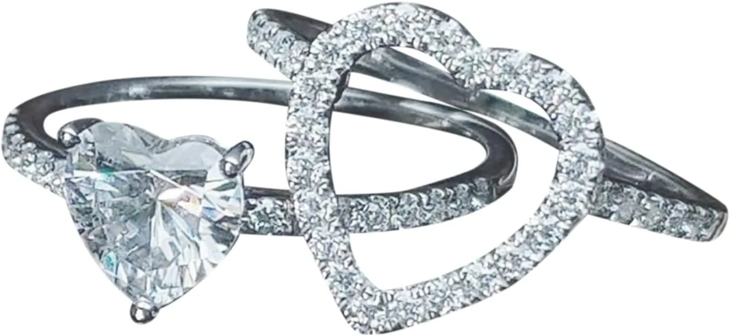 Couples Matching Ring 2pcs Love Heart Engagement Wedding Ring for Women 925 Silver Cubic Zirconia Valentine's Day