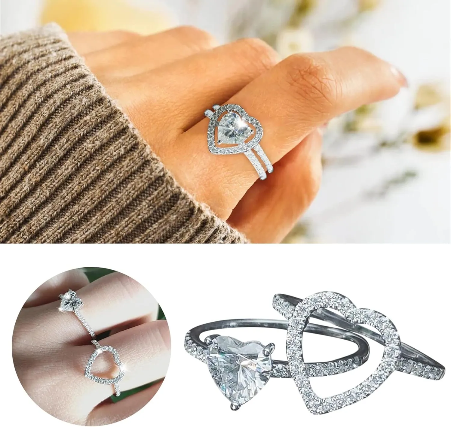 Couples Matching Ring 2pcs Love Heart Engagement Wedding Ring for Women 925 Silver Cubic Zirconia Valentine's Day