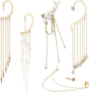 Craftdady 6Pcs Tassel Ear Cuff Earring Alloy Crystal Rhinestone Stud Earrings Imitation Pearls Tassel Earrings for Women Fairy Ear Jewelry