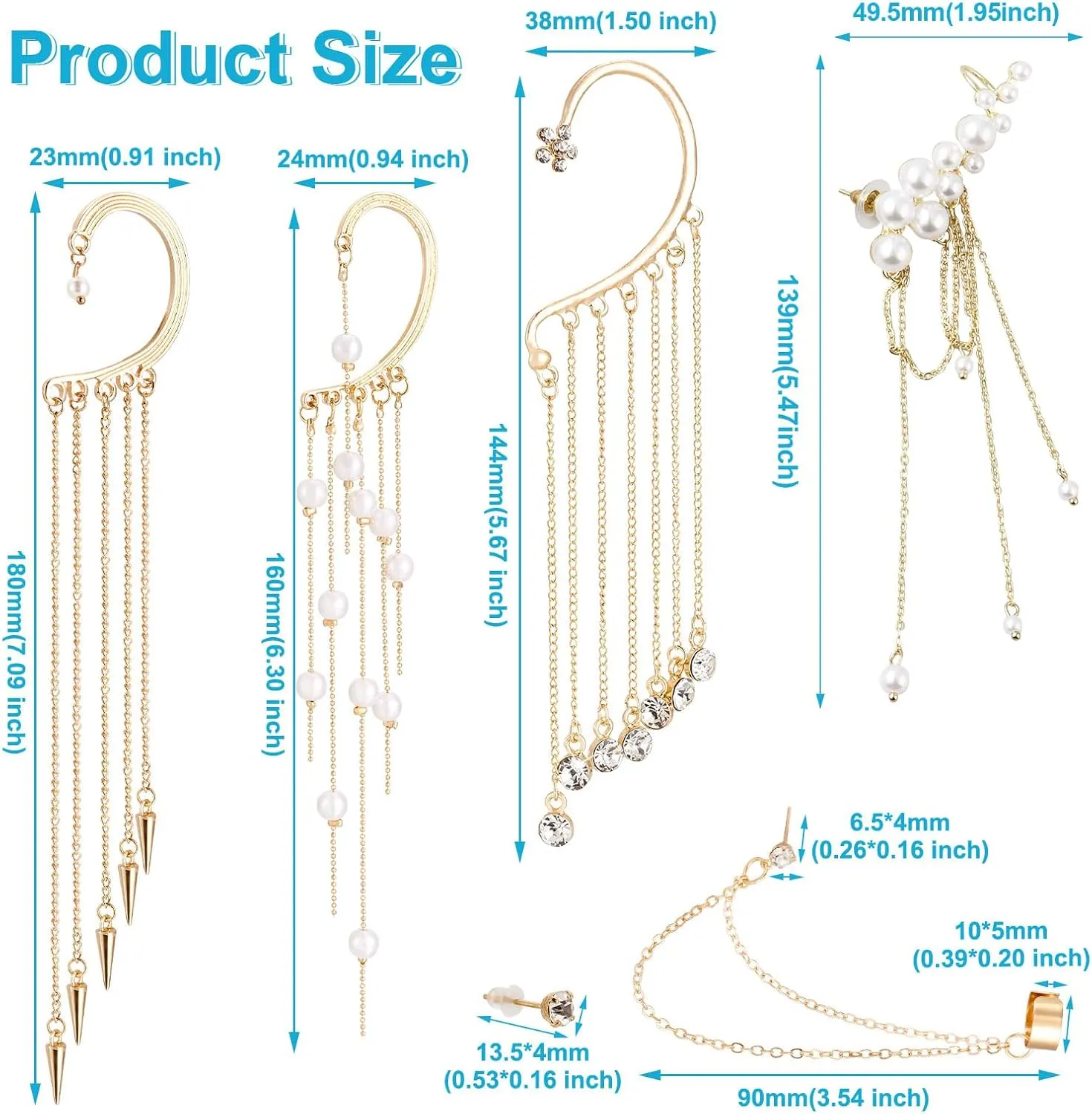 Craftdady 6Pcs Tassel Ear Cuff Earring Alloy Crystal Rhinestone Stud Earrings Imitation Pearls Tassel Earrings for Women Fairy Ear Jewelry