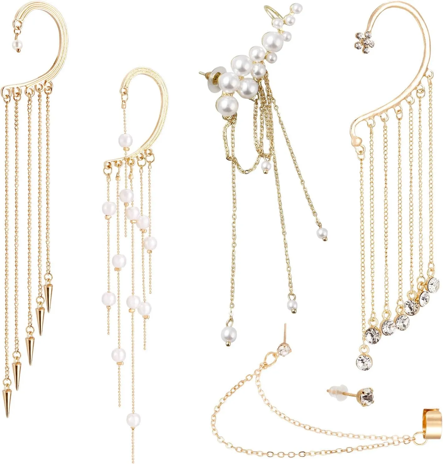 Craftdady 6Pcs Tassel Ear Cuff Earring Alloy Crystal Rhinestone Stud Earrings Imitation Pearls Tassel Earrings for Women Fairy Ear Jewelry