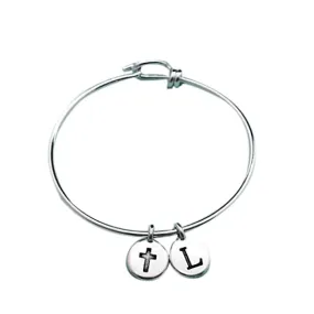 Cross charm bangle, cross charm bracelet, religious charm, silver bangle, personalized bracelet, initial bracelet, monogram
