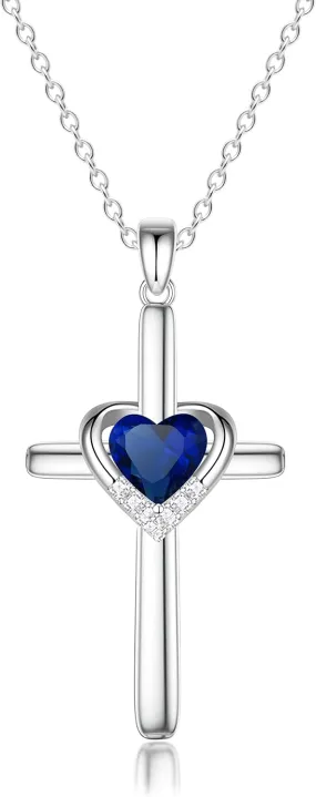 Cross Necklace with Genuine Heart Birthstone for Women, Love and Faith, Birthday Gifts for Her