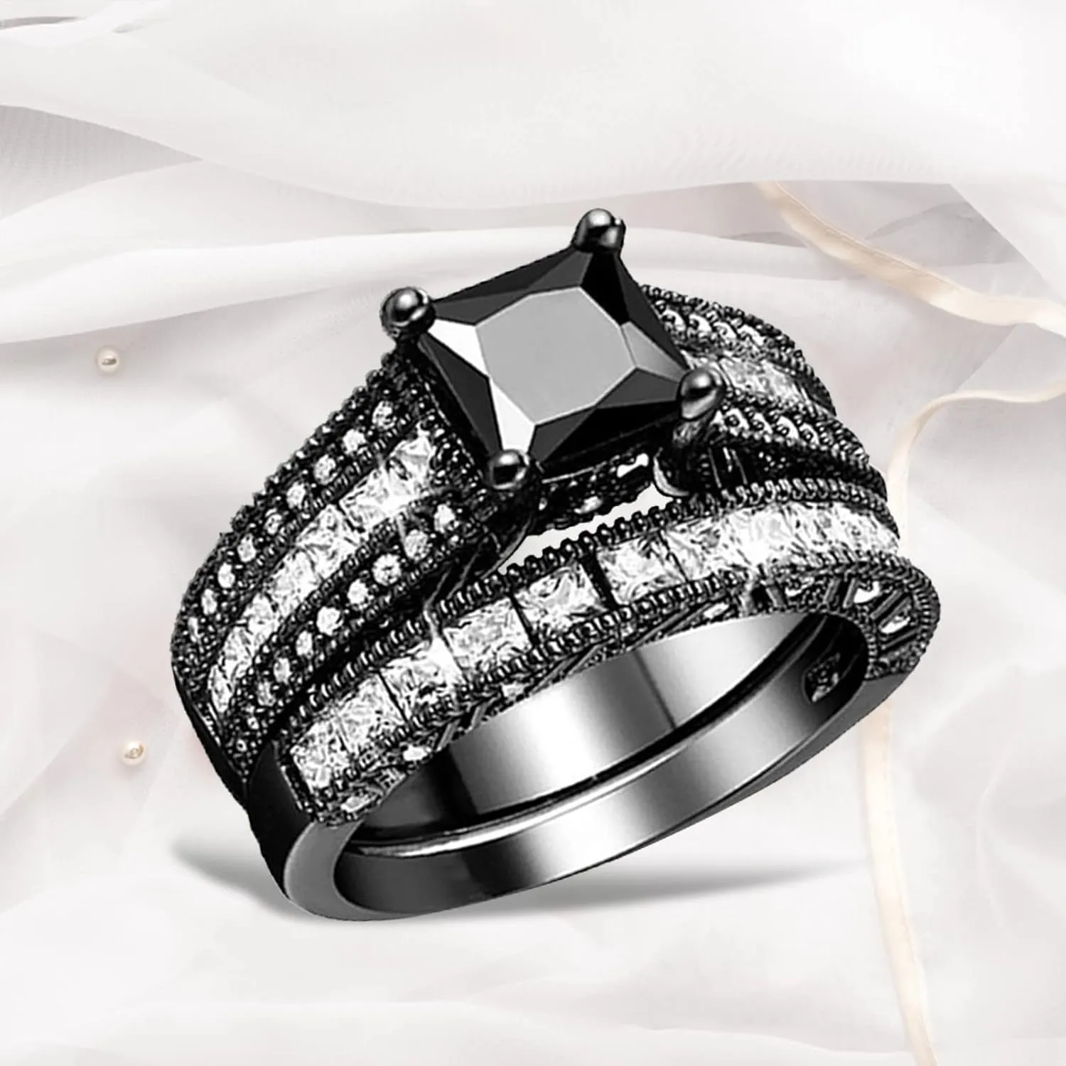Cubic Zirconia Princess Cut Women's Wedding Engagement Bridal Ring Set, Black Wedding Rings for Women