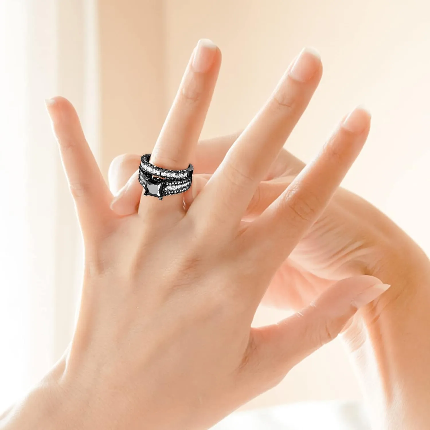Cubic Zirconia Princess Cut Women's Wedding Engagement Bridal Ring Set, Black Wedding Rings for Women
