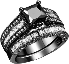 Cubic Zirconia Princess Cut Women's Wedding Engagement Bridal Ring Set, Black Wedding Rings for Women