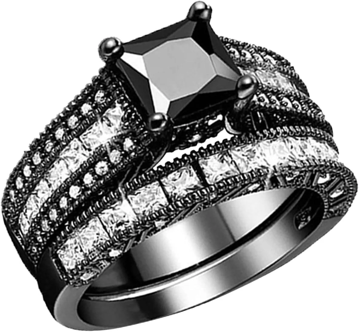 Cubic Zirconia Princess Cut Women's Wedding Engagement Bridal Ring Set, Black Wedding Rings for Women