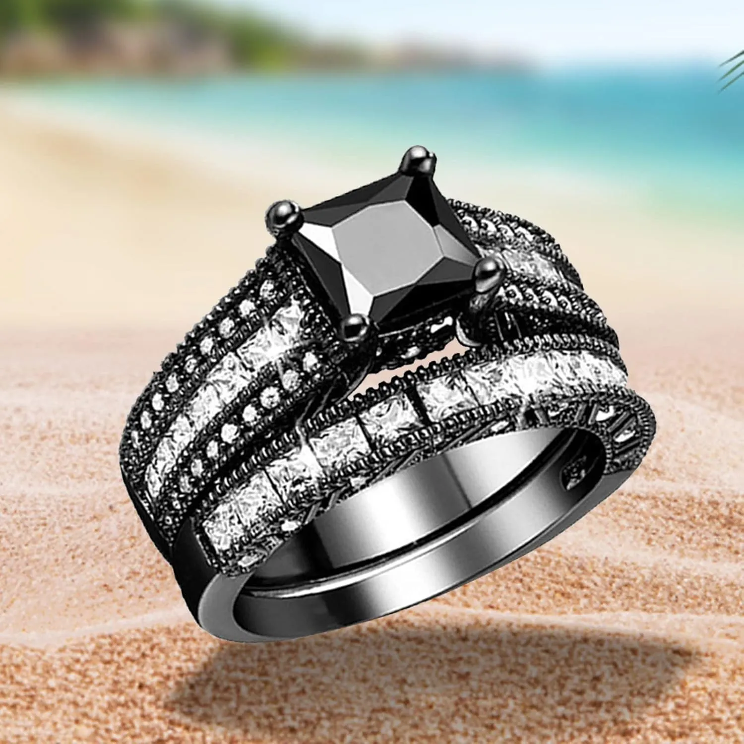 Cubic Zirconia Princess Cut Women's Wedding Engagement Bridal Ring Set, Black Wedding Rings for Women