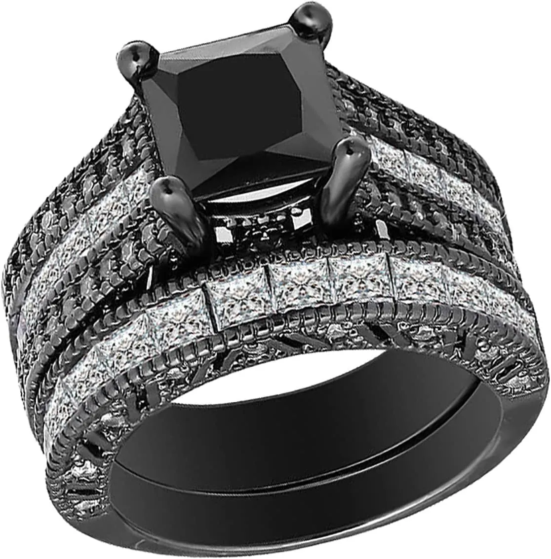 Cubic Zirconia Princess Cut Women's Wedding Engagement Bridal Ring Set, Black Wedding Rings for Women