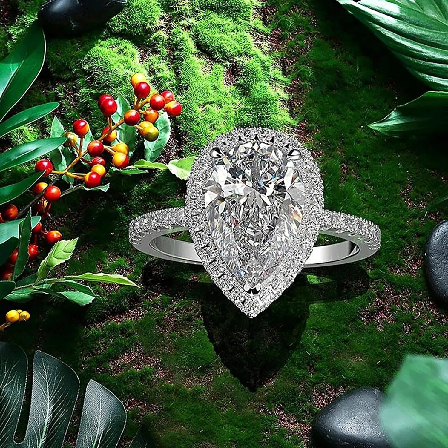 Cubic Zirconia Solitaire Promise Engagement Rings for Women Silver Wedding Band Teardrop shape Bridal Rings Sets