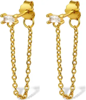 Cubic Zirconia Square Tassel Dangle Stud Earrings for Women Cartilage 925 Sterling Silver Crystal Rectangle Chain Link Drop Dangling Front Back Earring Sleeper Hypoallergenic Ear Jacket Studs Fashion Jewelry Gifts Birthday