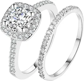 Cushion Cut Cubic Zirconia Ring Band Set for Women Girls Solid 925 Silver Design Promise Vintage Silver Ring Set