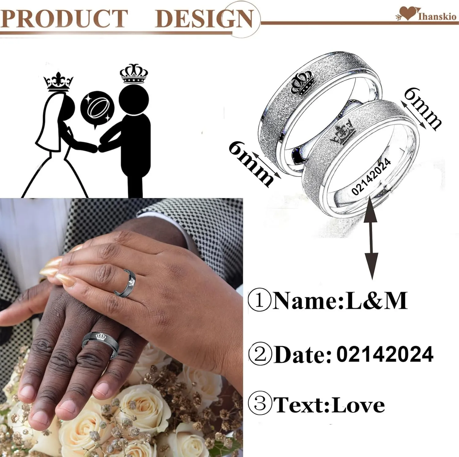 Customize Frosted Crown Couple Rings Matching Promise Ring Her King His Queen Engraved Matte Engagement Wedding Bands Anniversary Titanium Steel Black 6mm Personalized