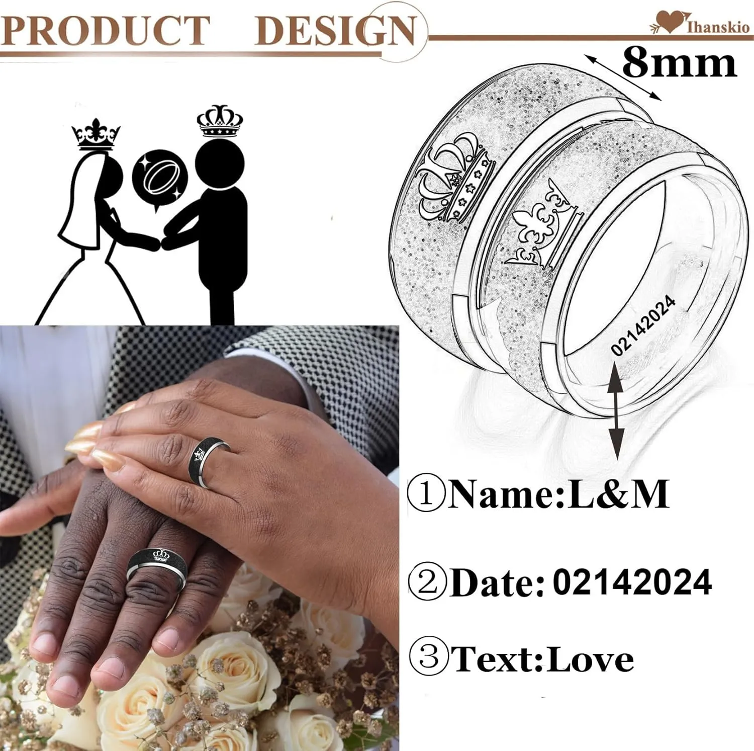 Customize Frosted Crown Couple Rings Matching Promise Ring Her King His Queen Engraved Matte Engagement Wedding Bands Anniversary Titanium Steel Black 6mm Personalized