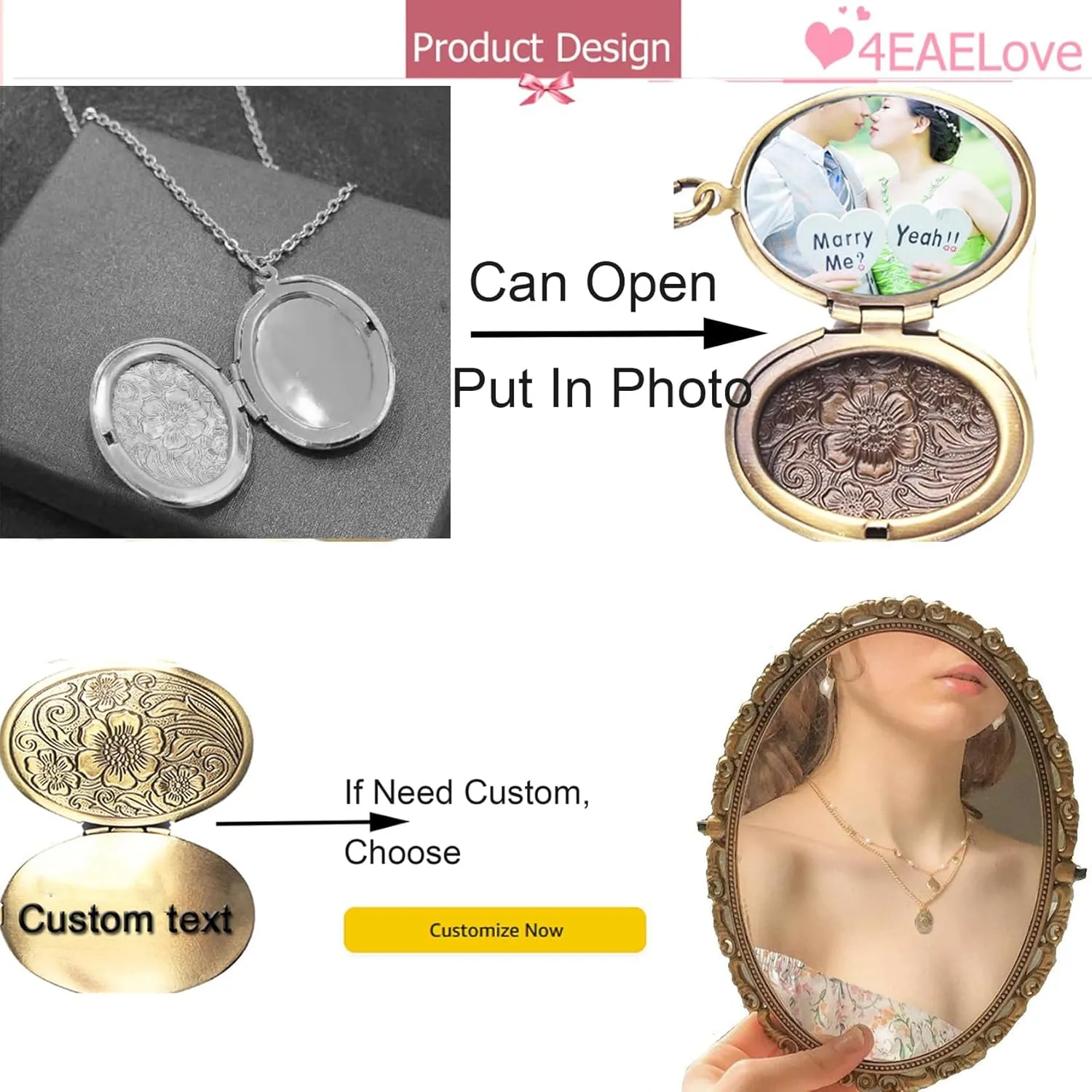 Customize Heart Locket Pendant Necklace Can Open DIY Photo Flower Carved Charm Picture Locket Necklace Titanium Stainless Steel