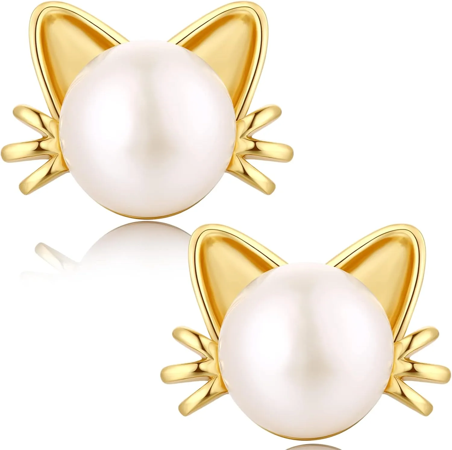 Cute Cat Pearl Earrings-925 Sterling Silver Cat Pearl Stud Earrings with Freshwater Pearl 7.5MM, Cat Lover Jewelry Gift