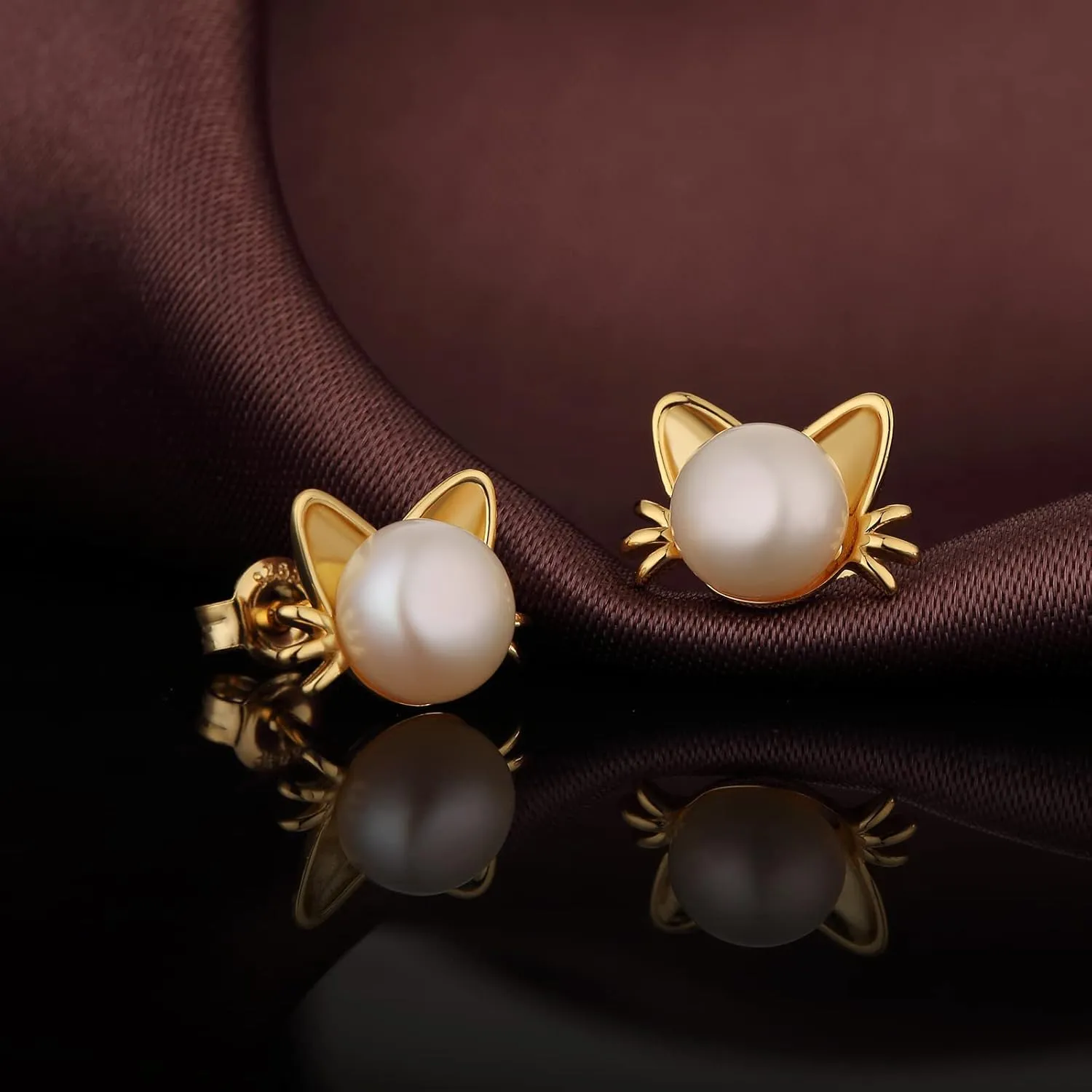 Cute Cat Pearl Earrings-925 Sterling Silver Cat Pearl Stud Earrings with Freshwater Pearl 7.5MM, Cat Lover Jewelry Gift
