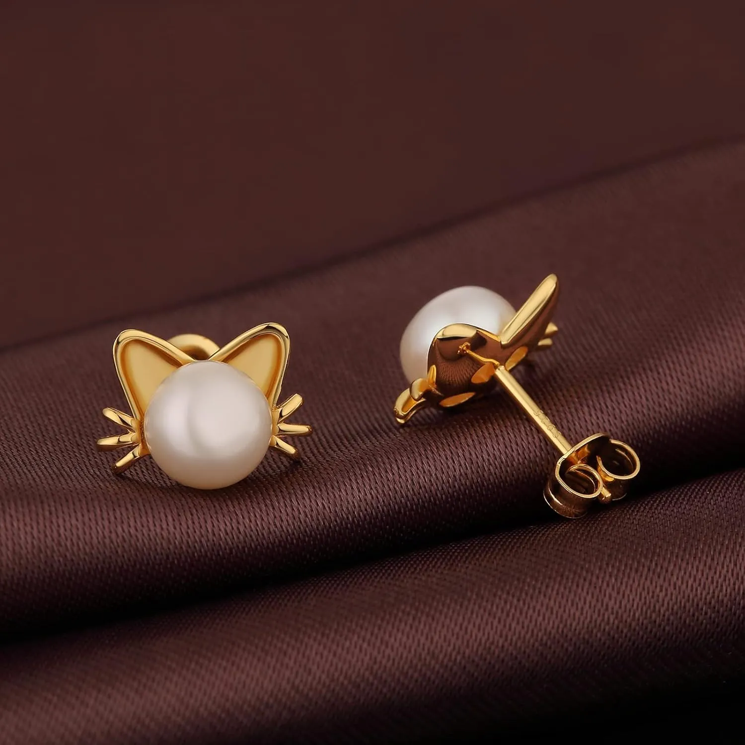 Cute Cat Pearl Earrings-925 Sterling Silver Cat Pearl Stud Earrings with Freshwater Pearl 7.5MM, Cat Lover Jewelry Gift