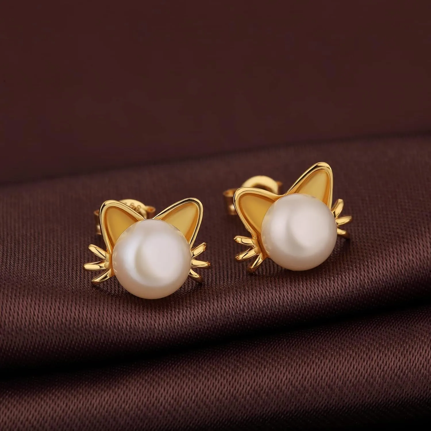 Cute Cat Pearl Earrings-925 Sterling Silver Cat Pearl Stud Earrings with Freshwater Pearl 7.5MM, Cat Lover Jewelry Gift