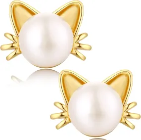 Cute Cat Pearl Earrings-925 Sterling Silver Cat Pearl Stud Earrings with Freshwater Pearl 7.5MM, Cat Lover Jewelry Gift
